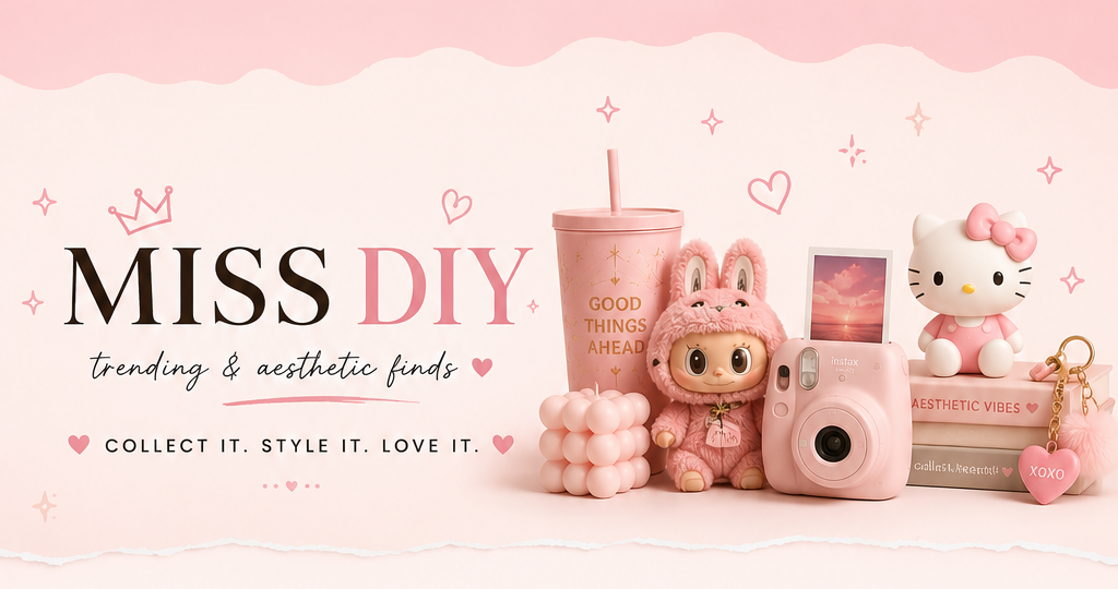 A pink and white promotional banner for 'MISS DIY' collectible store, featuring cute pink plush toys, a Hello Kitty figure, a teddy bear in a pink box, and various payment logos at the bottom.